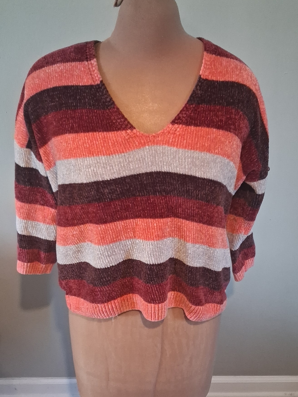 Express Striped Knit Top in Burgundy, Coral & White